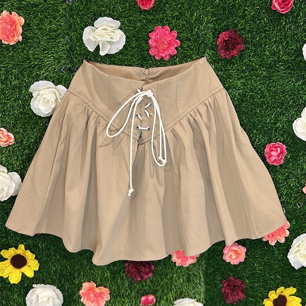Cream Lace Up Flared Skirt